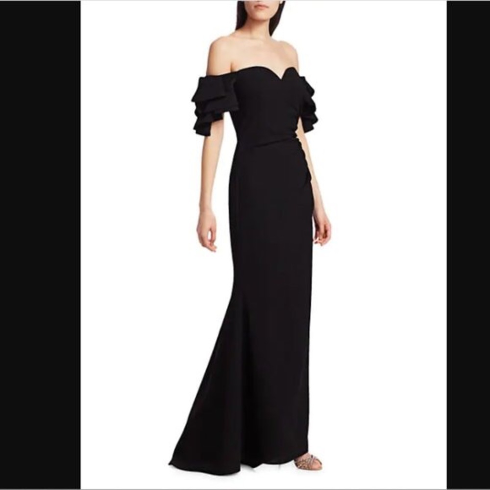 Badgley Mischka Black Off-Shoulder Ruffle Sleeve Maxi Gown